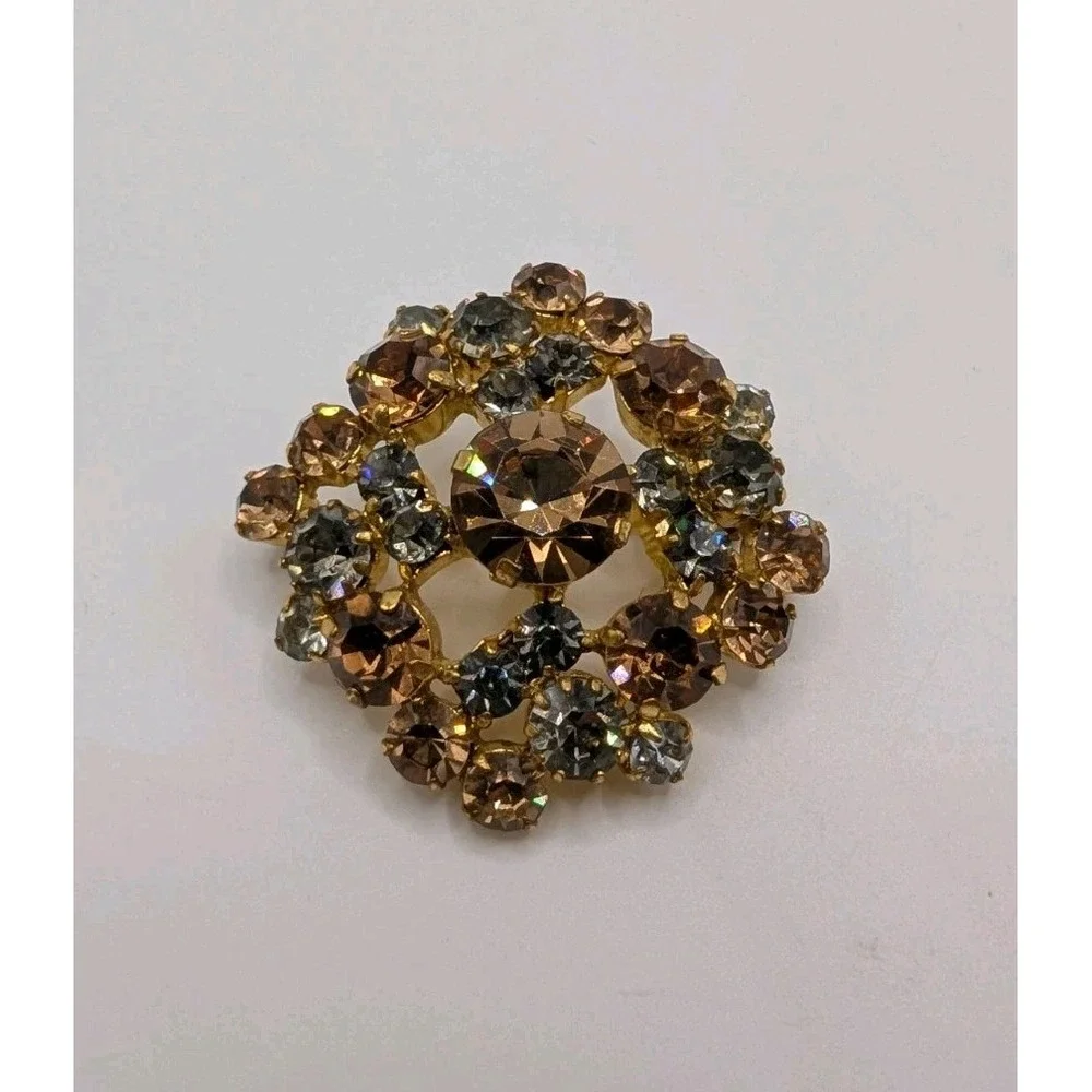 Vintage Made in Austria Rhinestone Brooch Champagne Smoky Gray Gold Tone Pin